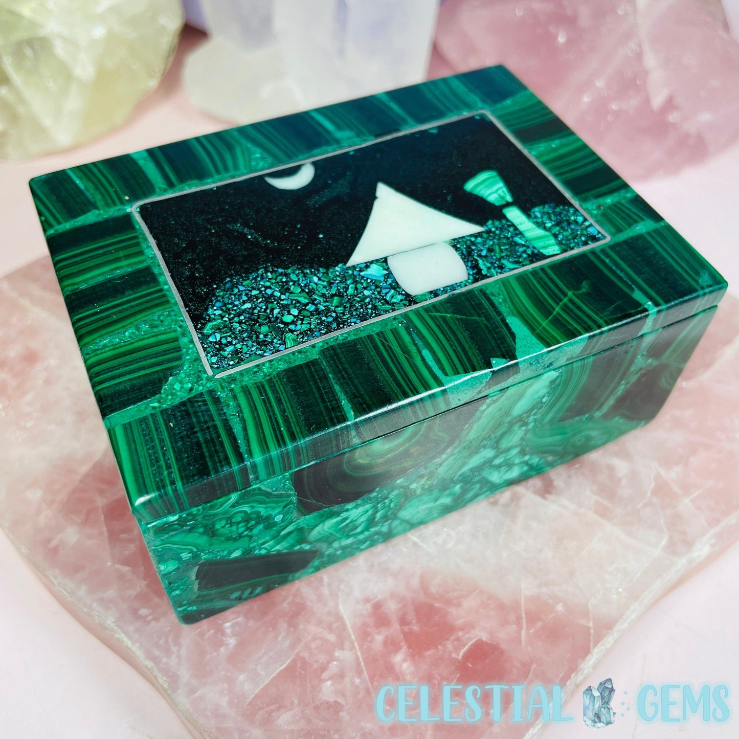 Malachite Jewellery/Stash Box with Scenic Shell + Chrysocolla Inlay - Rectangle