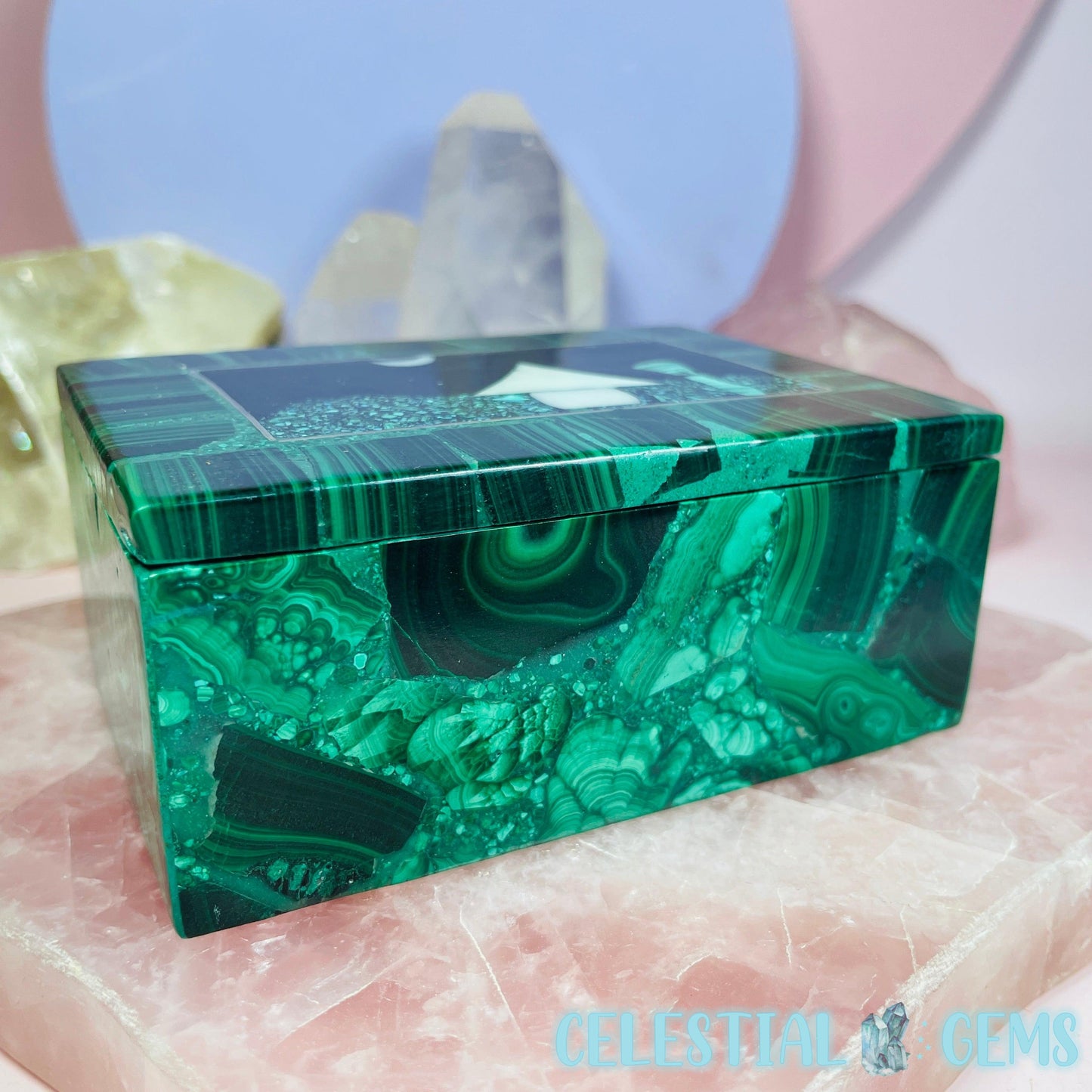 Malachite Jewellery/Stash Box with Scenic Shell + Chrysocolla Inlay - Rectangle