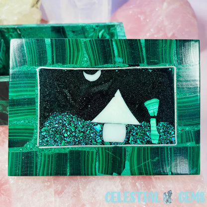 Malachite Jewellery/Stash Box with Scenic Shell + Chrysocolla Inlay - Rectangle