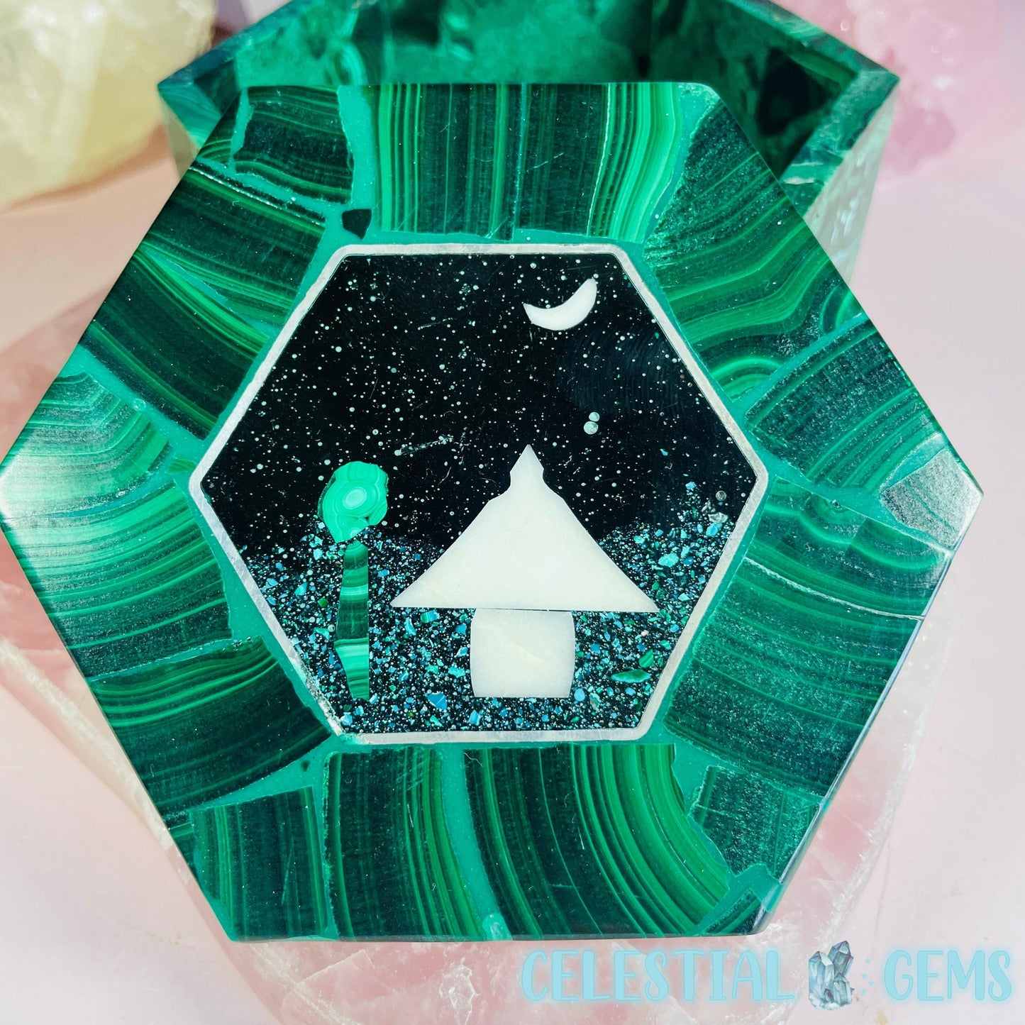 Malachite Jewellery/Stash Box with Scenic Shell + Chrysocolla Inlay - Hexagon B