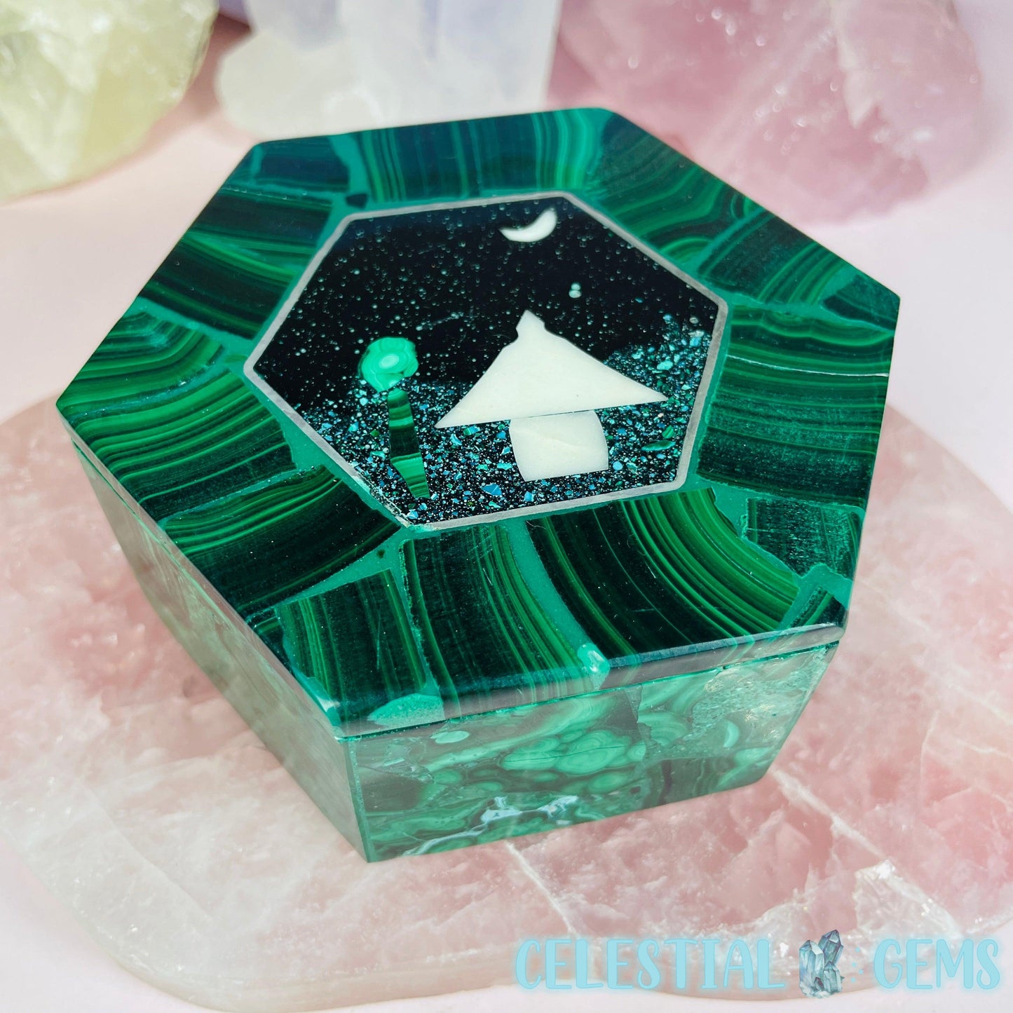 Malachite Jewellery/Stash Box with Scenic Shell + Chrysocolla Inlay - Hexagon B