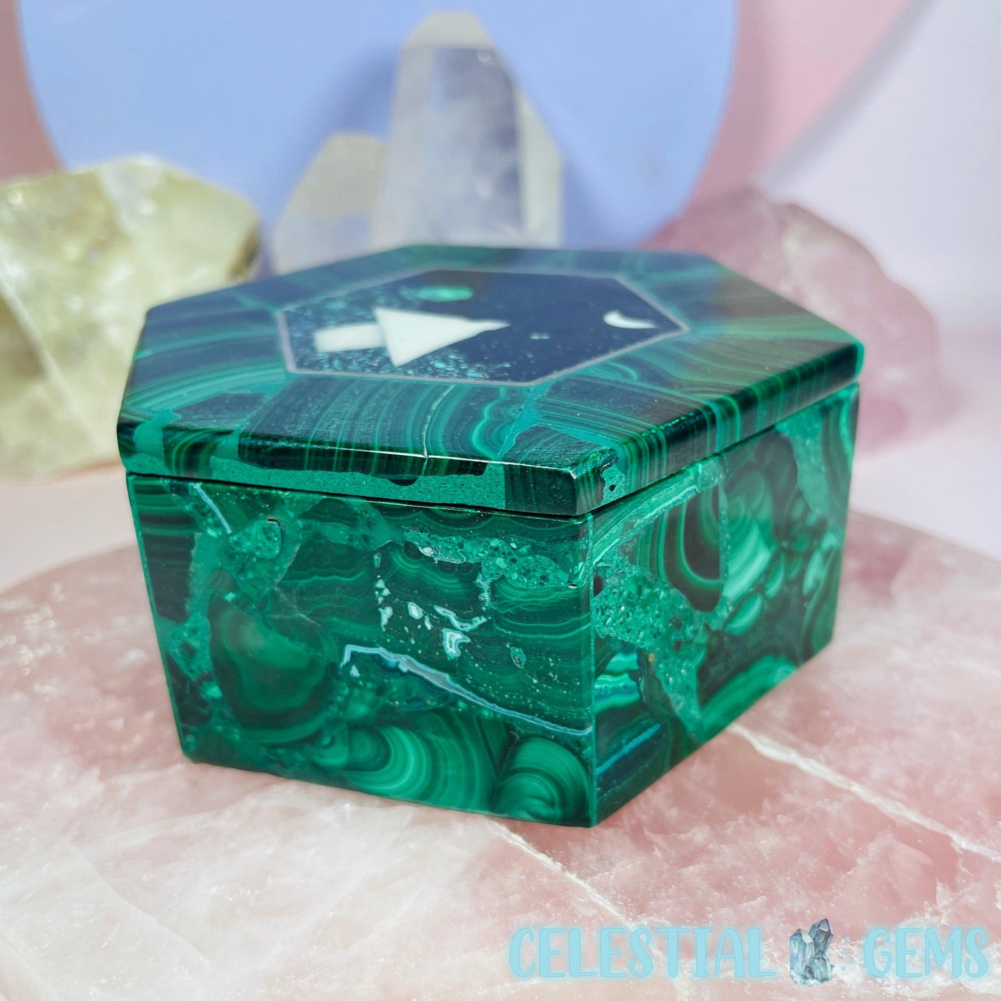 Malachite Jewellery/Stash Box with Scenic Shell + Chrysocolla Inlay - Hexagon B