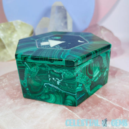 Malachite Jewellery/Stash Box with Scenic Shell + Chrysocolla Inlay - Hexagon B