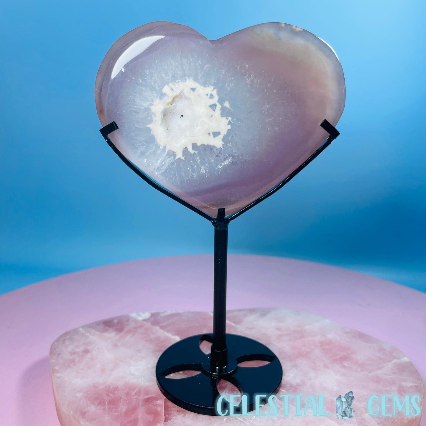 Druzy Pink Agate Heart Medium Carving in Stand