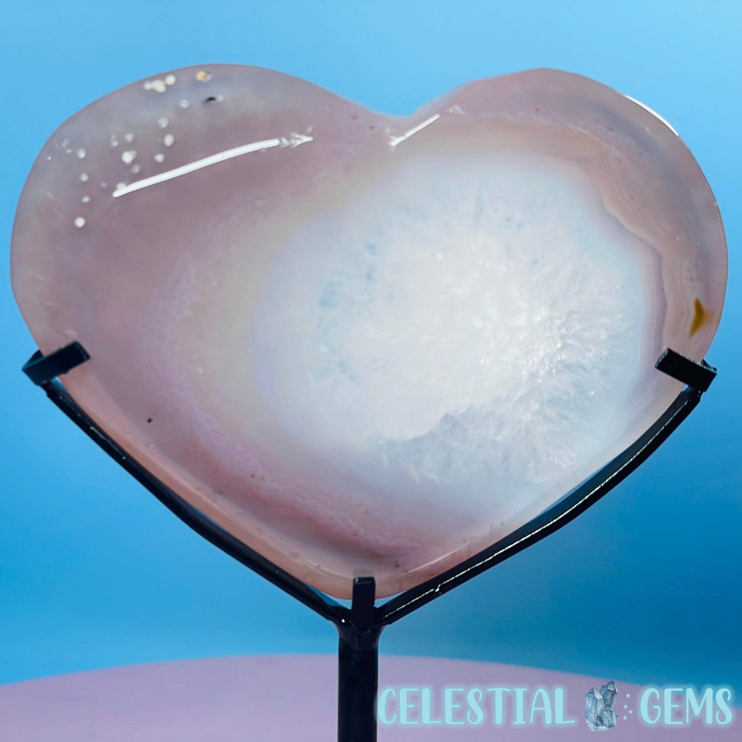 Druzy Pink Agate Heart Medium Carving in Stand