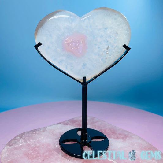 Druzy Pink Agate Heart Medium Carving in Stand