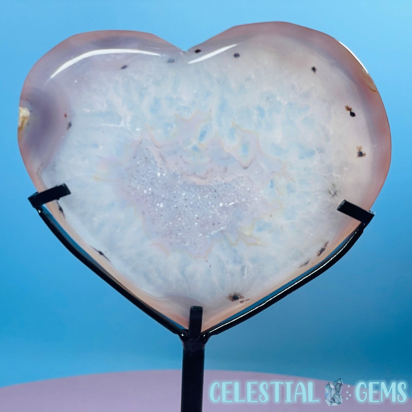 Druzy Pink Agate Heart Medium Carving in Stand