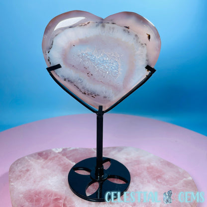 Druzy Pink Agate Heart Medium Carving in Stand