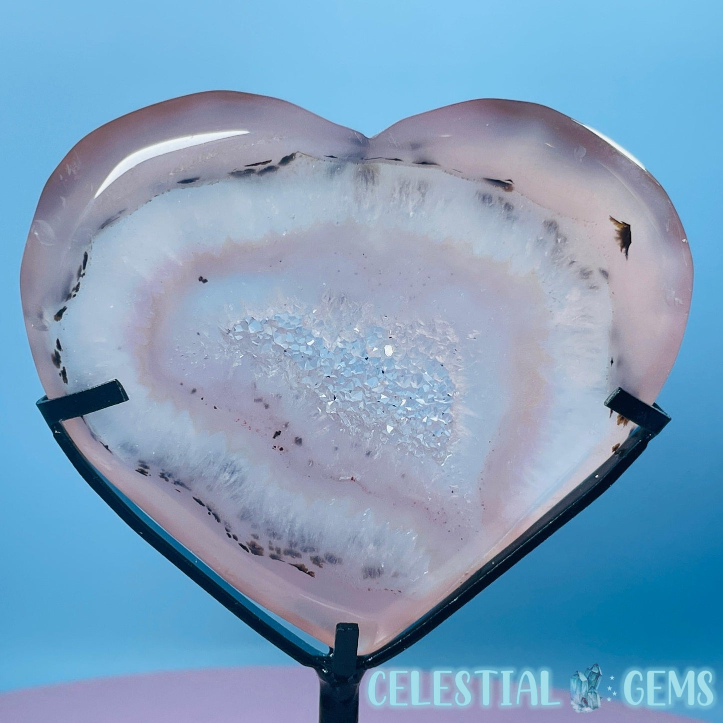 Druzy Pink Agate Heart Medium Carving in Stand