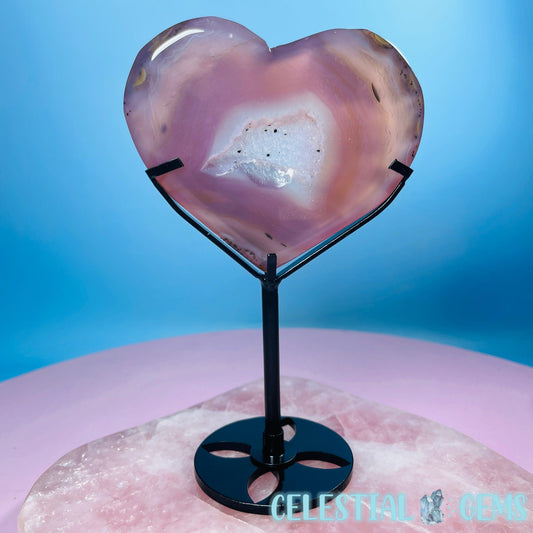 Druzy Pink Agate Heart Medium Carving in Stand