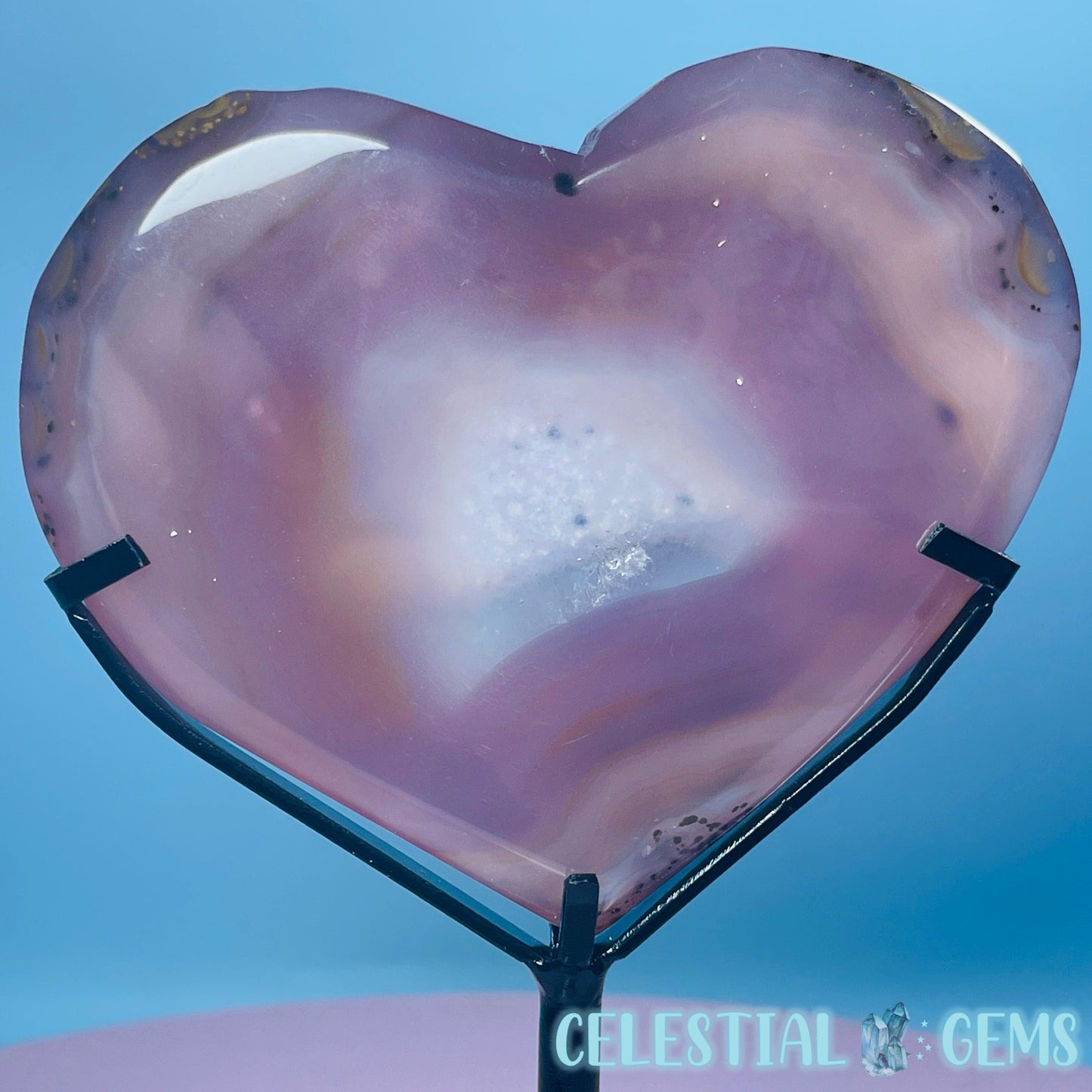 Druzy Pink Agate Heart Medium Carving in Stand