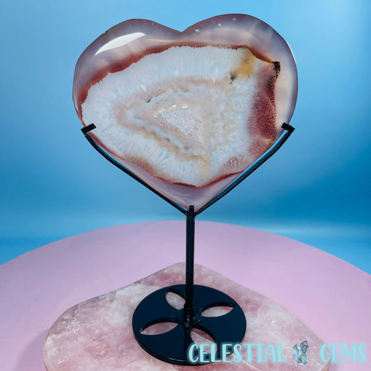 Druzy Pink Agate Heart Large Carving in Stand