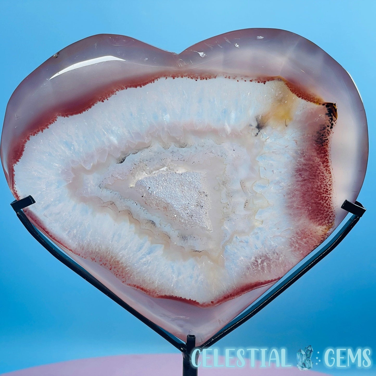 Druzy Pink Agate Heart Large Carving in Stand