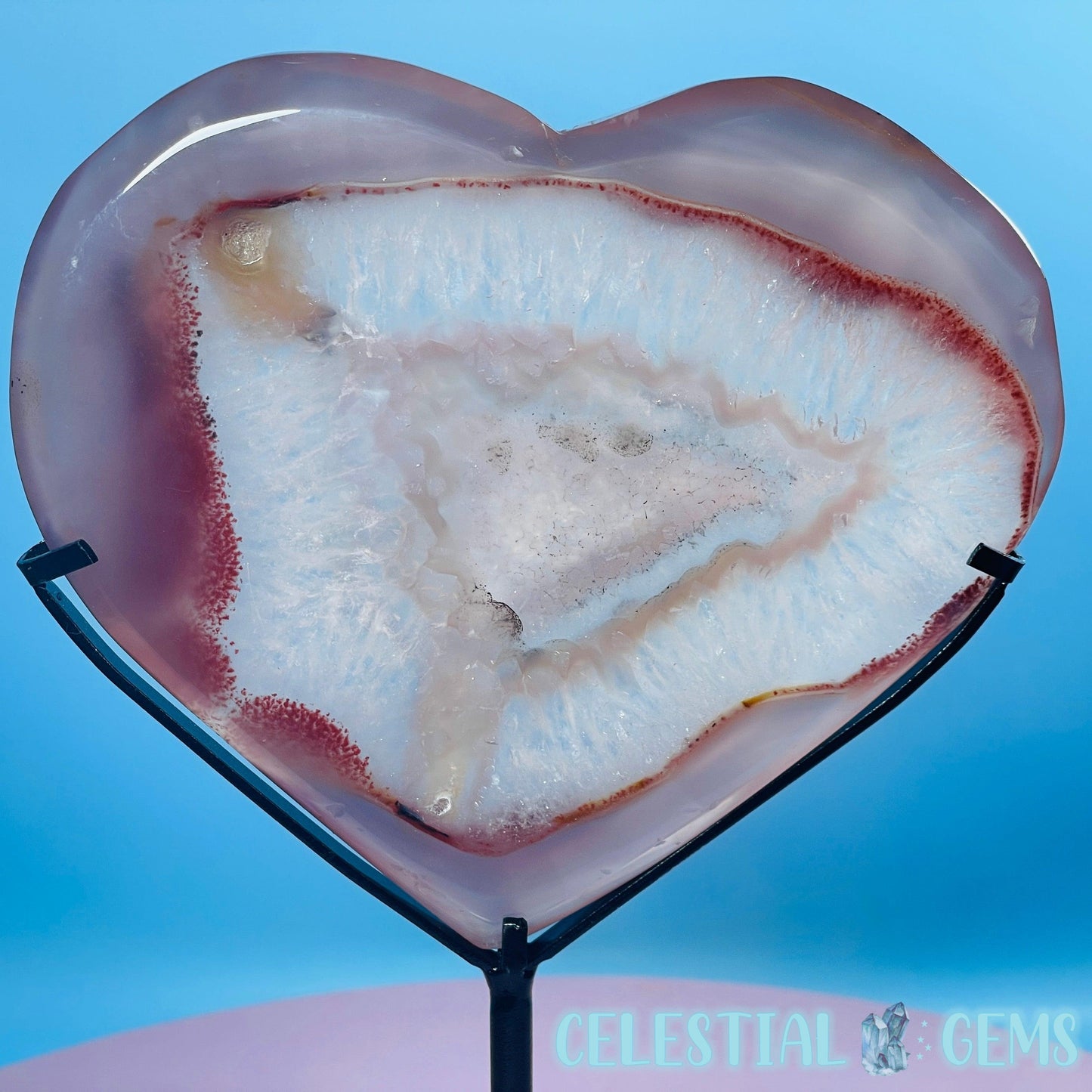 Druzy Pink Agate Heart Large Carving in Stand