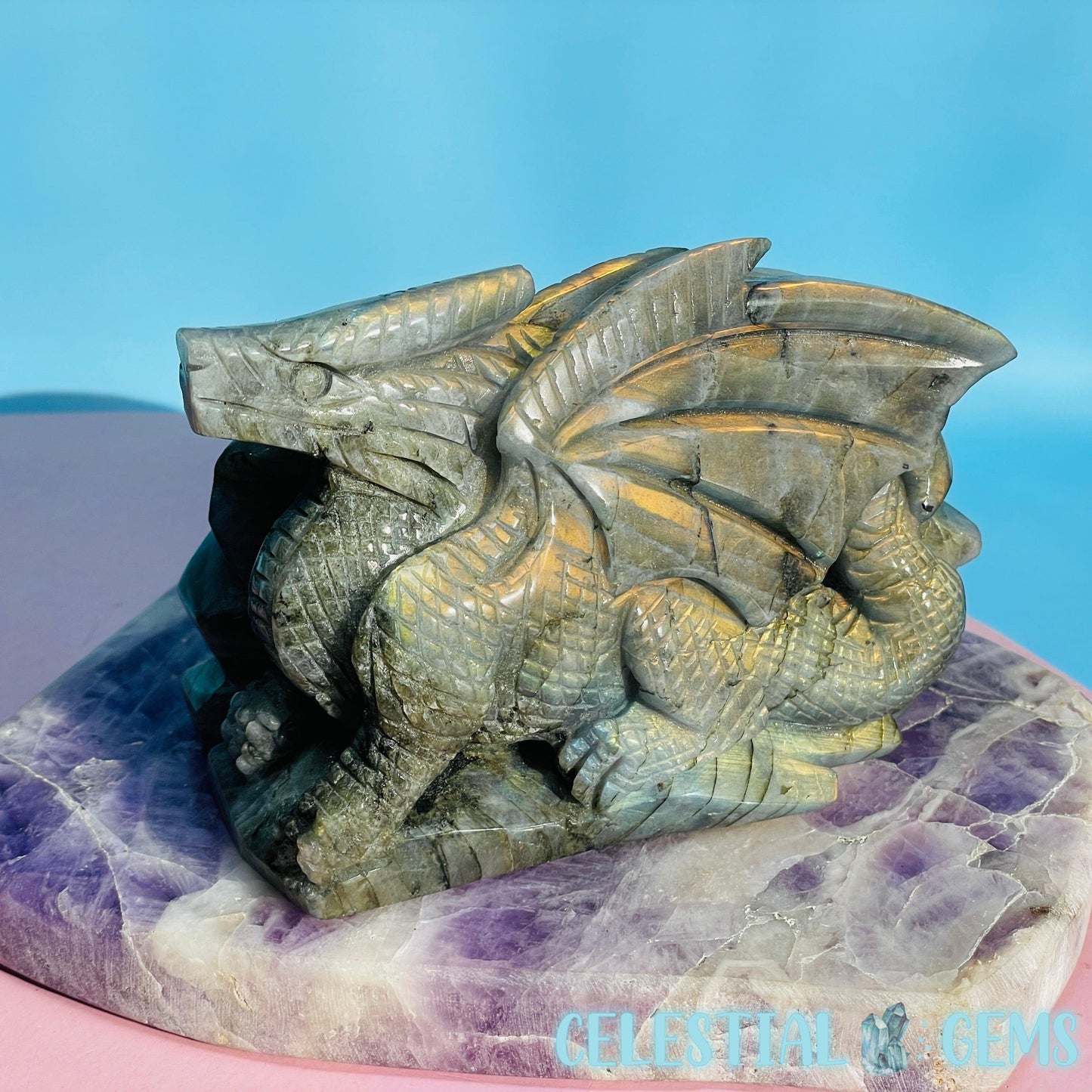Sunset Orange Labradorite Flying Dragon Medium Carving (Video)