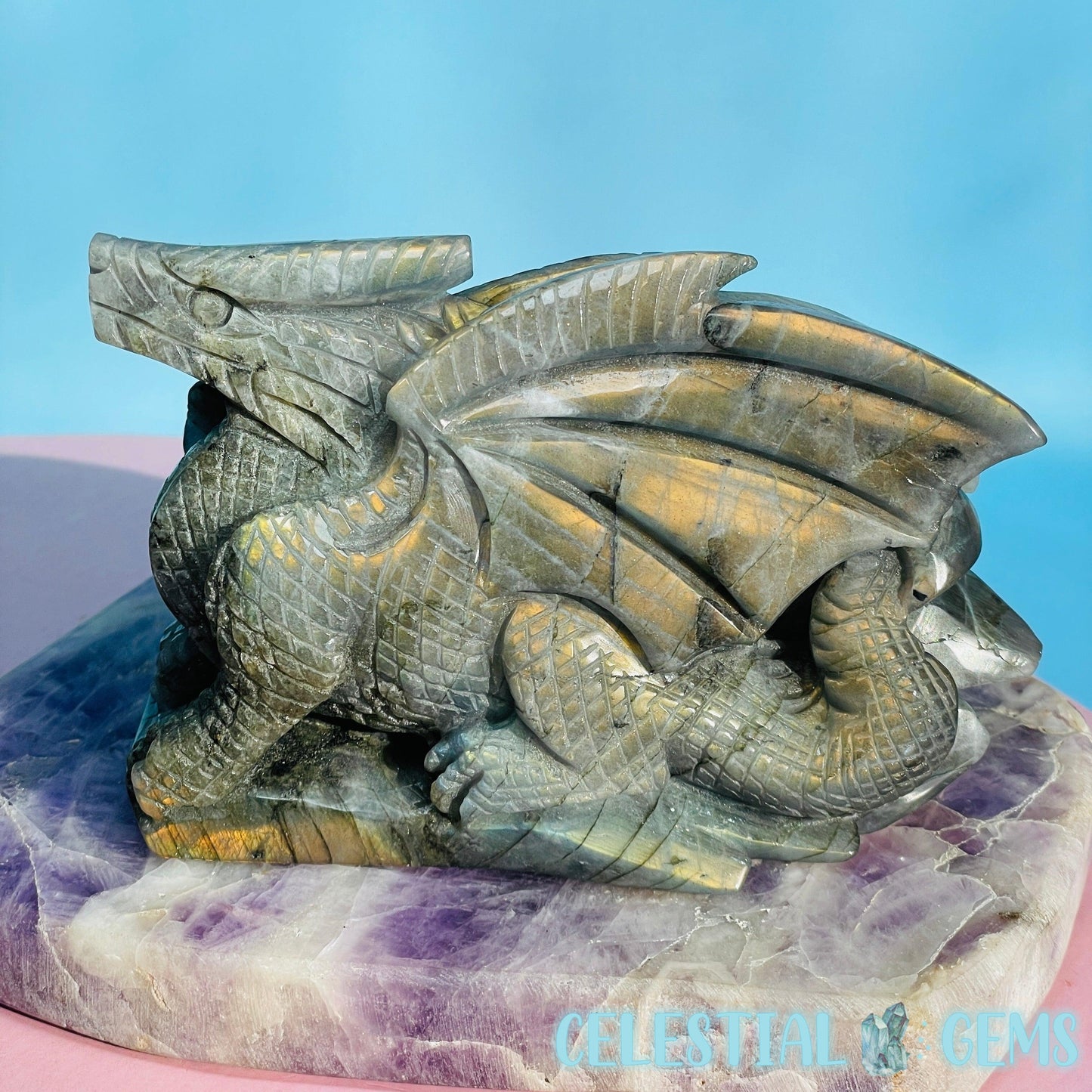 Sunset Orange Labradorite Flying Dragon Medium Carving (Video)