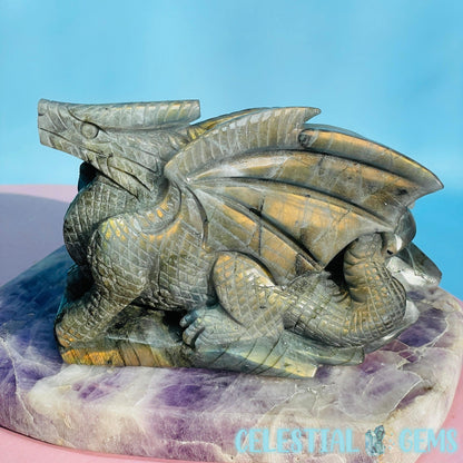 Sunset Orange Labradorite Flying Dragon Medium Carving (Video)