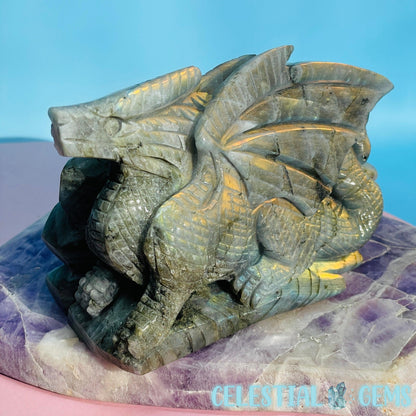 Sunset Orange Labradorite Flying Dragon Medium Carving (Video)
