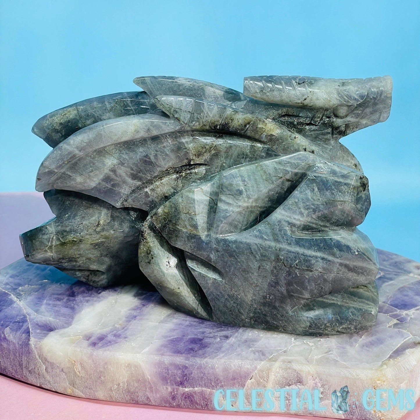 Sunset Orange Labradorite Flying Dragon Medium Carving (Video)