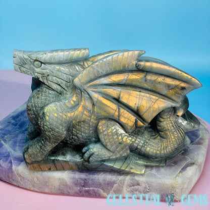 Sunset Orange Labradorite Flying Dragon Medium Carving (Video)