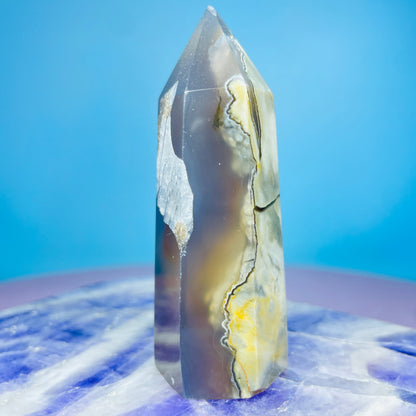 Mangano Calcite in Volcanic Agate Small Tower (Double UV Reaction)