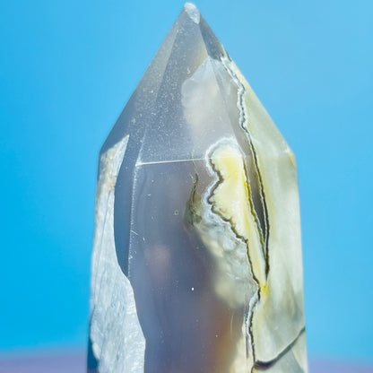 Mangano Calcite in Volcanic Agate Small Tower (Double UV Reaction)