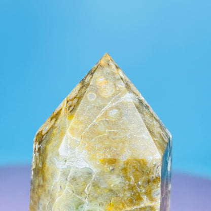 Mangano Calcite in Volcanic Agate Small Tower (Double UV Reaction)