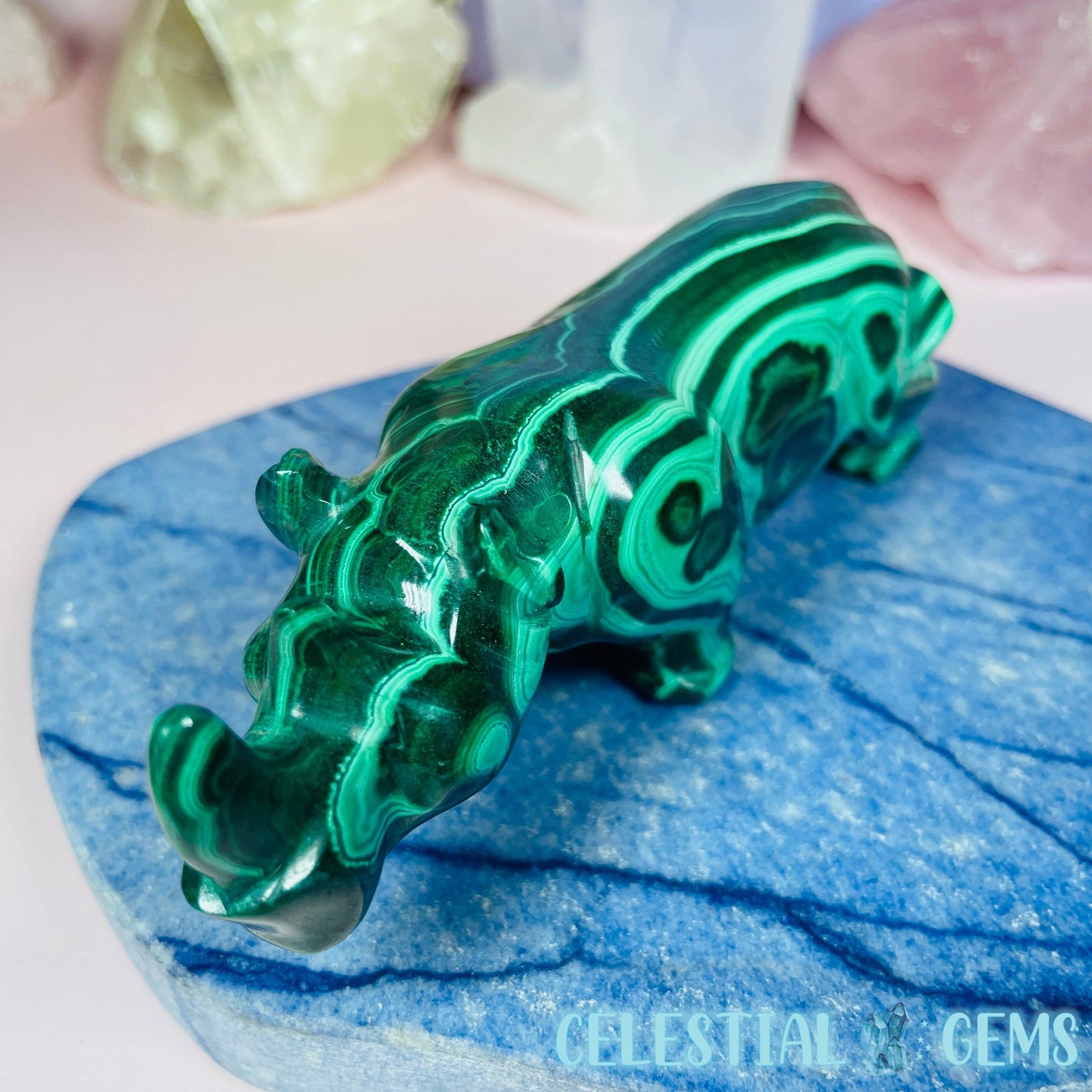 High Grade Malachite Rhinoceros Medium Carving (Gem Silica Inclusions!) B