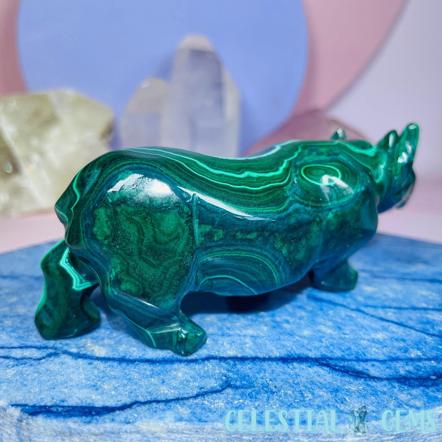 High Grade Malachite Rhinoceros Medium Carving (Gem Silica Inclusions!) B