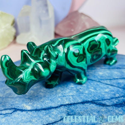 High Grade Malachite Rhinoceros Medium Carving (Gem Silica Inclusions!) B