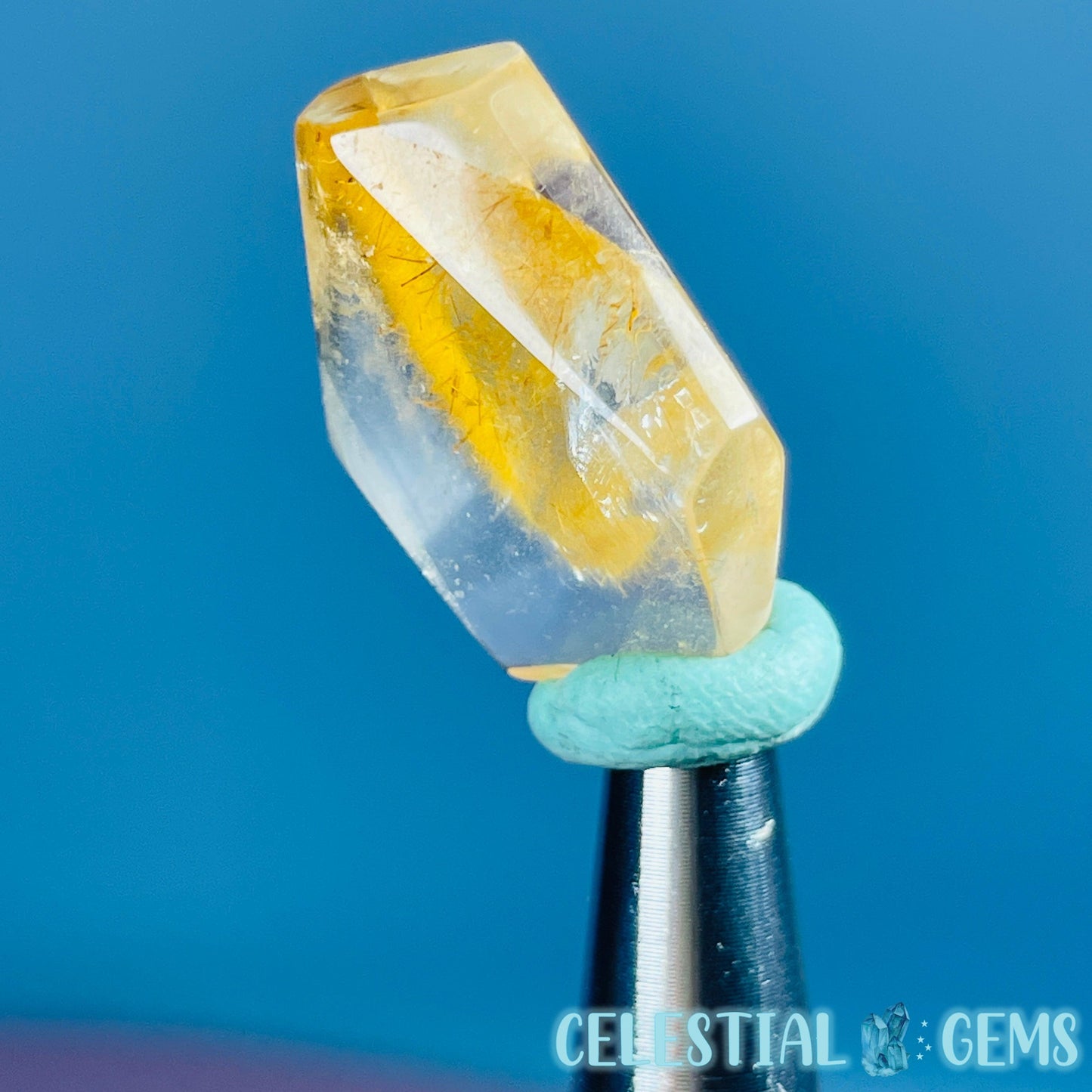 Golden Yellow Amphibole Quartz Faceted Gemstone in Specimen Pottle