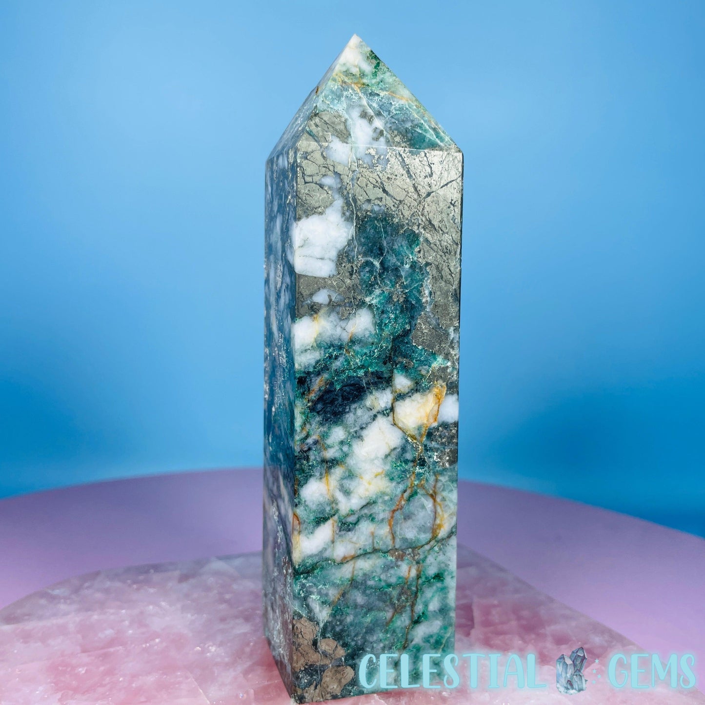 Green Fuchsite Mica + Pyrite Medium Obelisk Tower