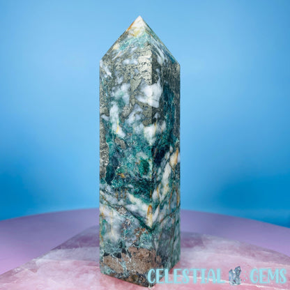 Green Fuchsite Mica + Pyrite Medium Obelisk Tower