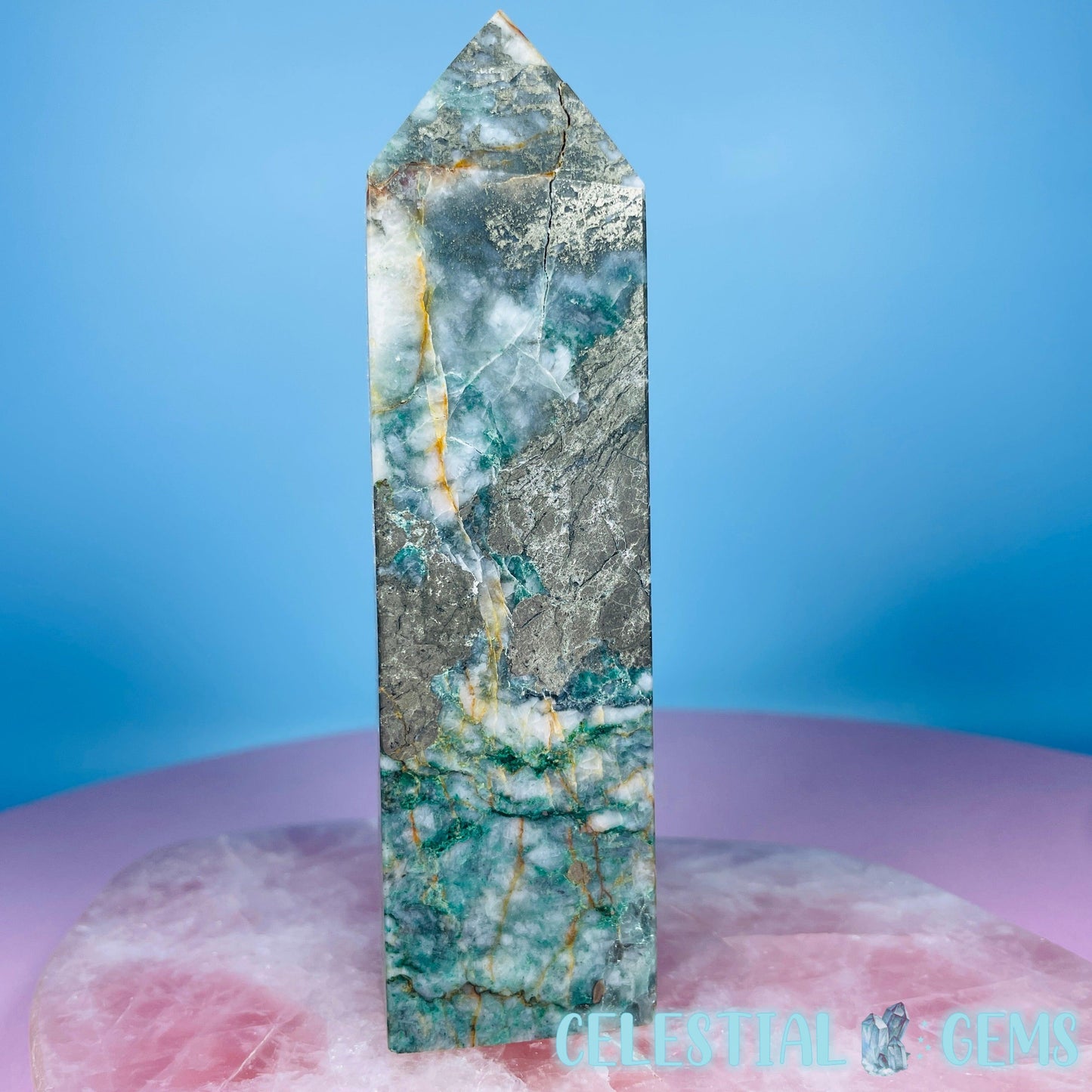 Green Fuchsite Mica + Pyrite Medium Obelisk Tower