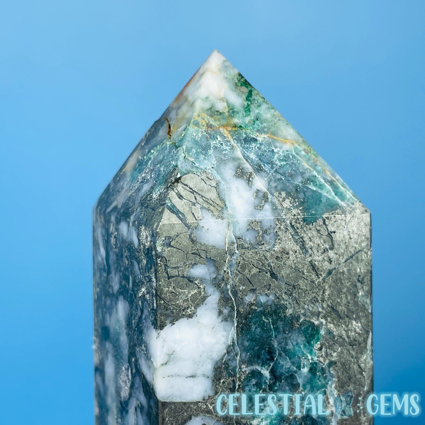 Green Fuchsite Mica + Pyrite Medium Obelisk Tower