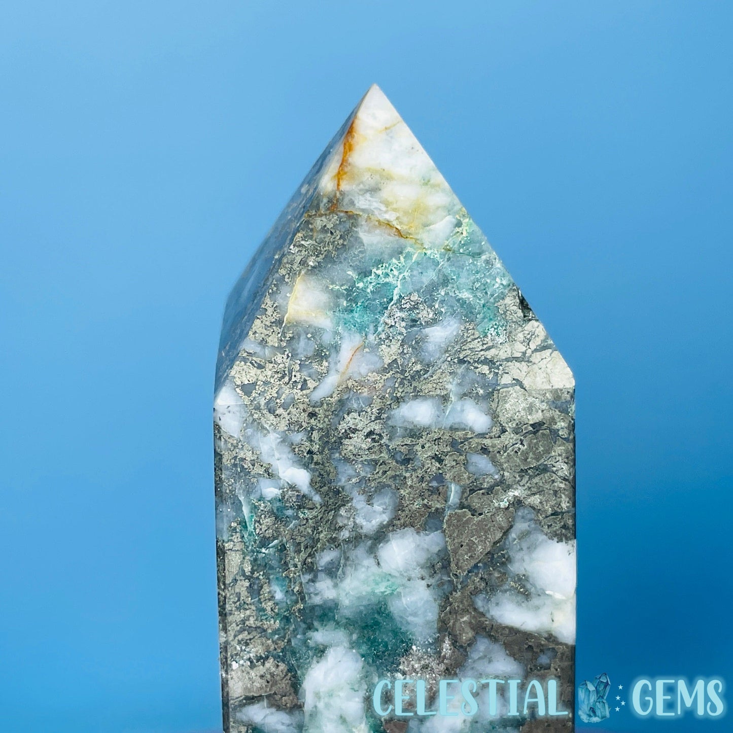 Green Fuchsite Mica + Pyrite Medium Obelisk Tower