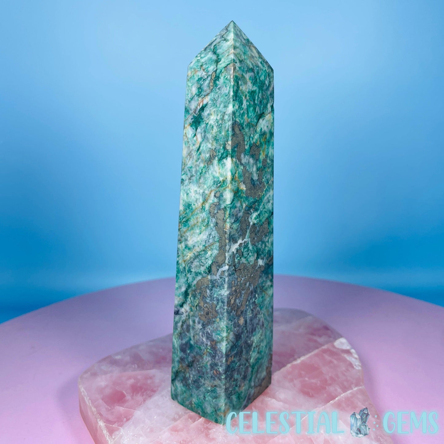 Green Fuchsite Mica + Pyrite Large Obelisk Tower