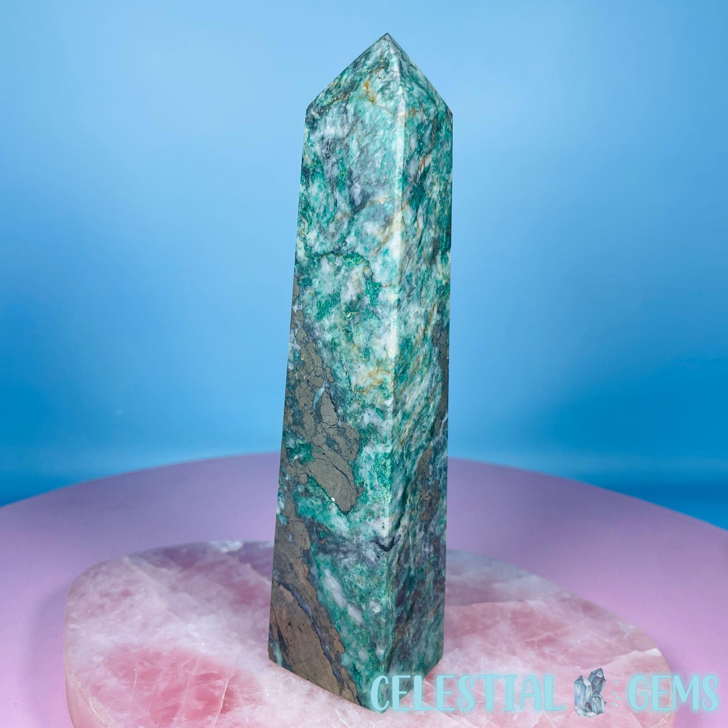 Green Fuchsite Mica + Pyrite Large Obelisk Tower