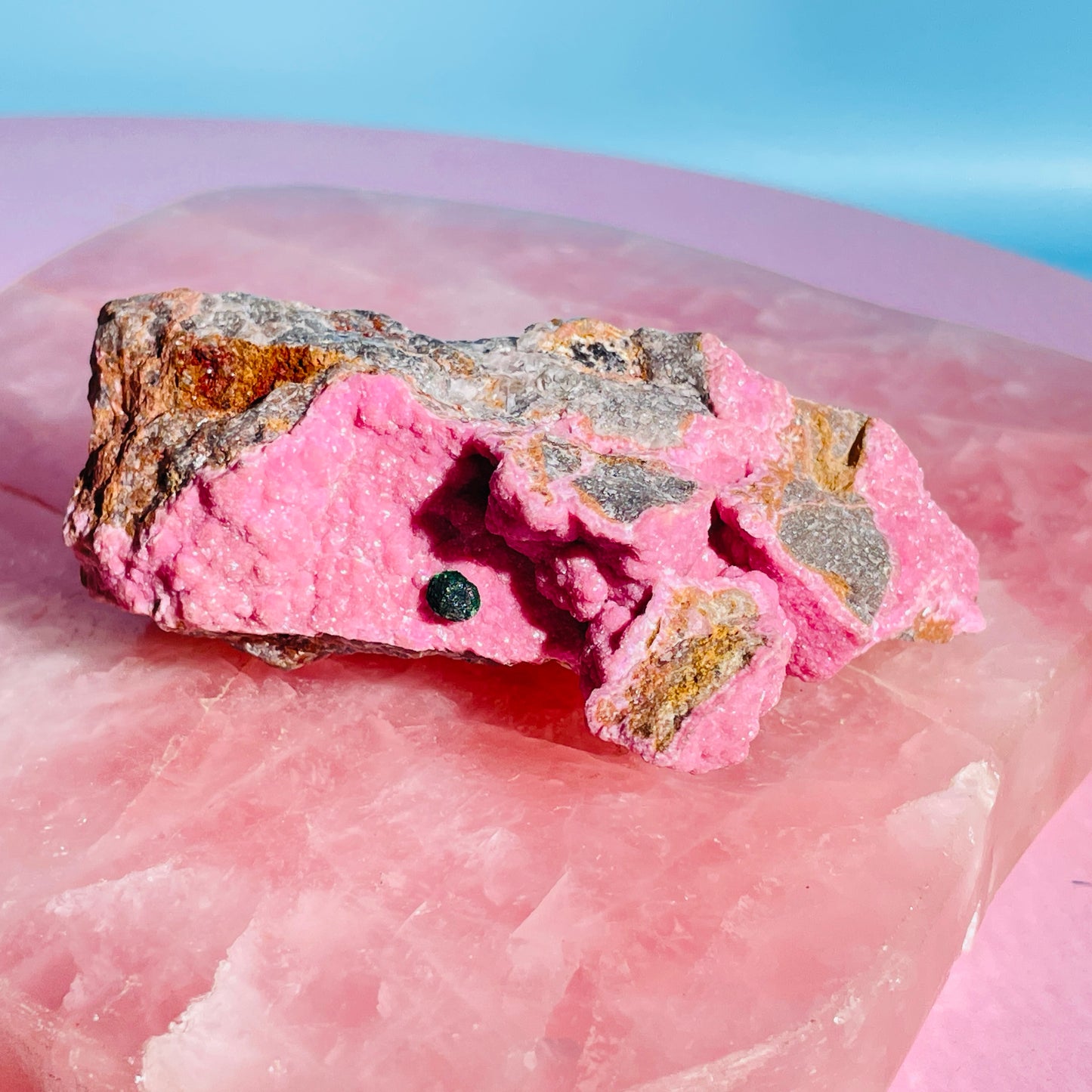 Cobaltocalcite 'Salrose' on Dolomite with Botryoidal Malachite Raw Cluster Small Specimen (Video)