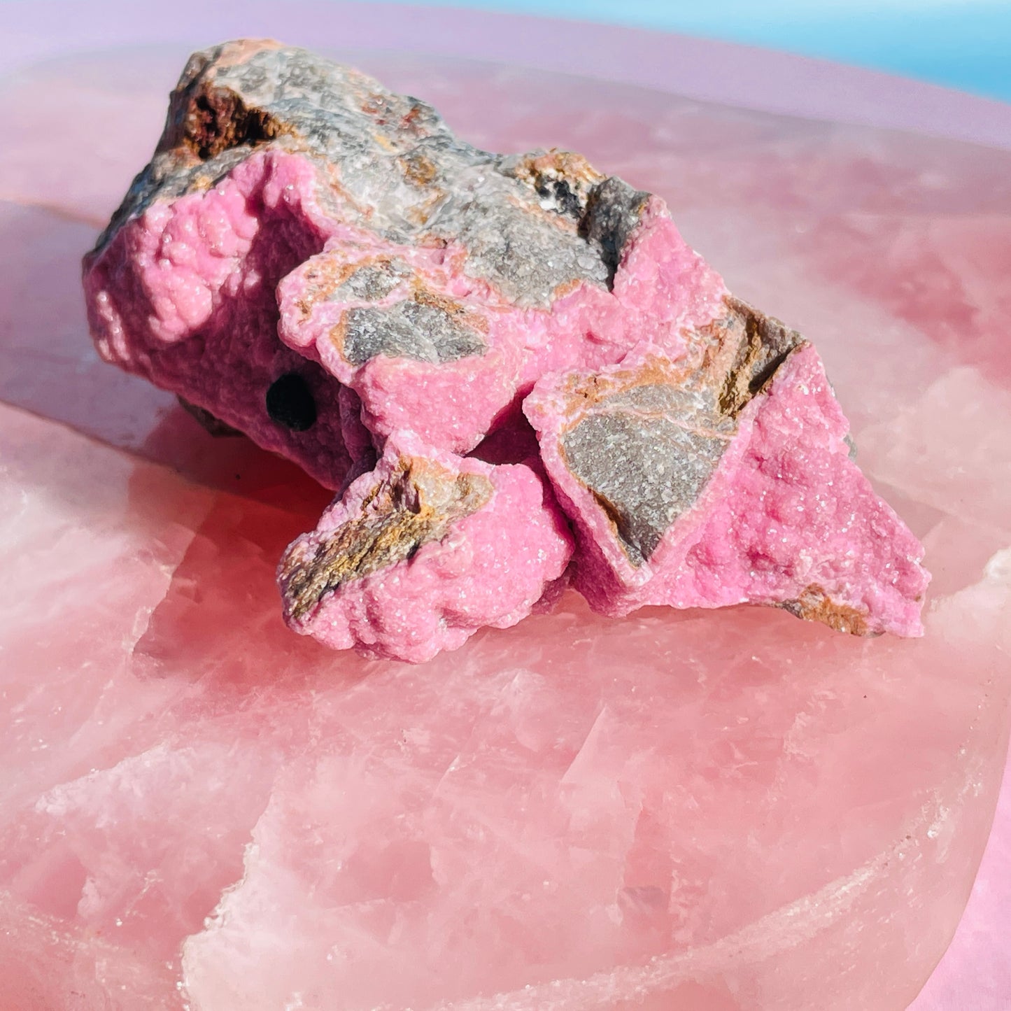 Cobaltocalcite 'Salrose' on Dolomite with Botryoidal Malachite Raw Cluster Small Specimen (Video)