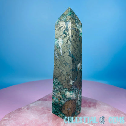 Green Fuchsite Mica + Pyrite Medium Obelisk Tower