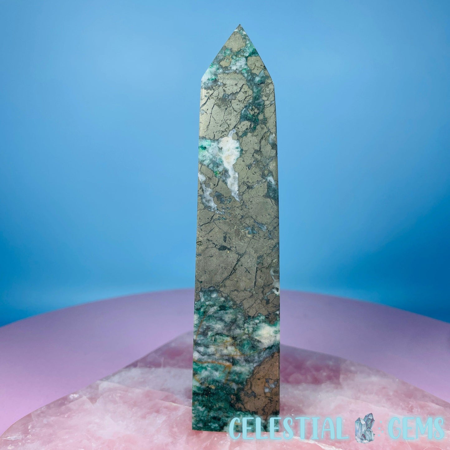 Green Fuchsite Mica + Pyrite Medium Obelisk Tower