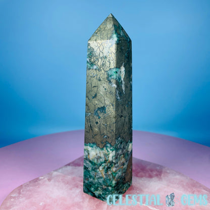 Green Fuchsite Mica + Pyrite Medium Obelisk Tower