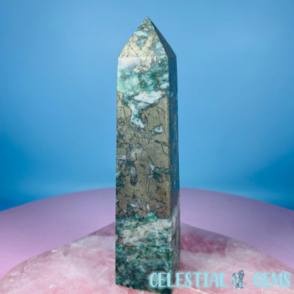 Green Fuchsite Mica + Pyrite Medium Obelisk Tower