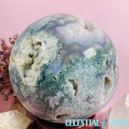 Druzy Moss Agate XL Sphere with Stand