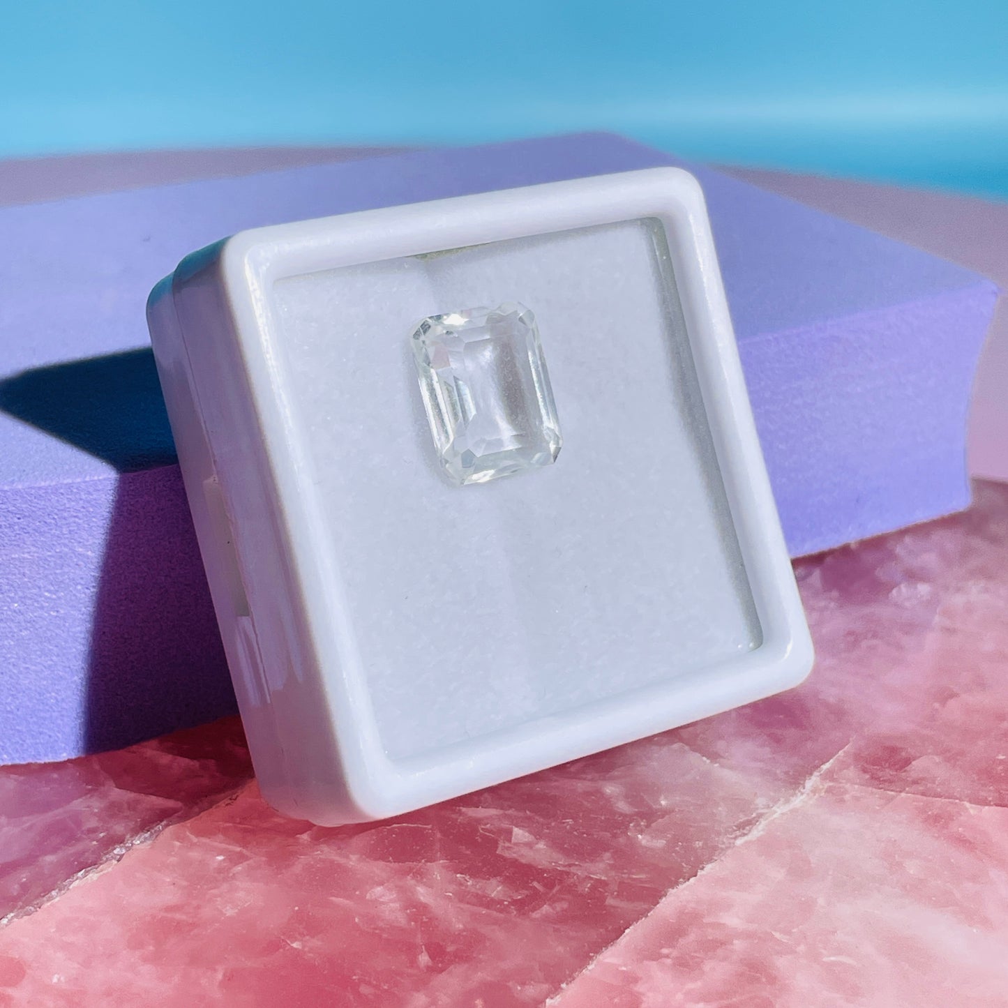 White Topaz Faceted Emerald-Cut Gemstone in Specimen Box