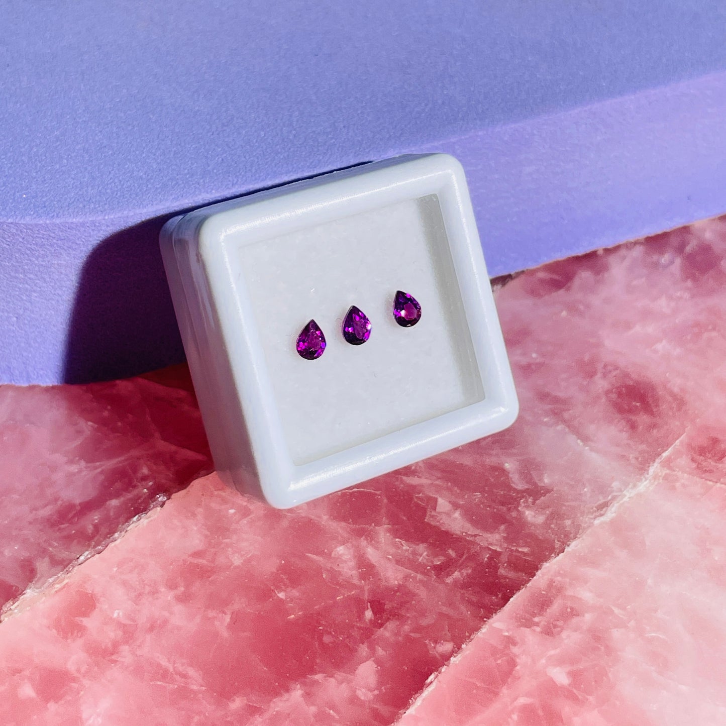 Rhodolite Garnet Set of 3 Faceted Pear-Cut Gemstones in Specimen Box