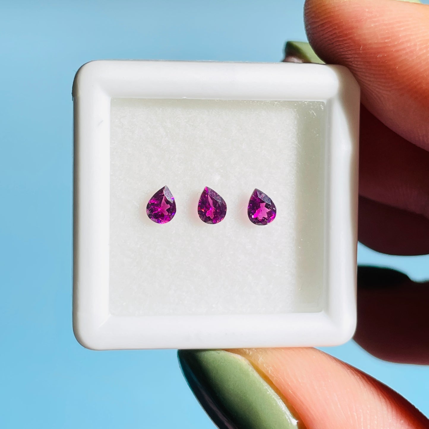 Rhodolite Garnet Set of 3 Faceted Pear-Cut Gemstones in Specimen Box