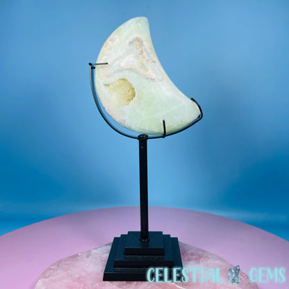 Druzy Pistachio Calcite Moon Medium Carving in Stand