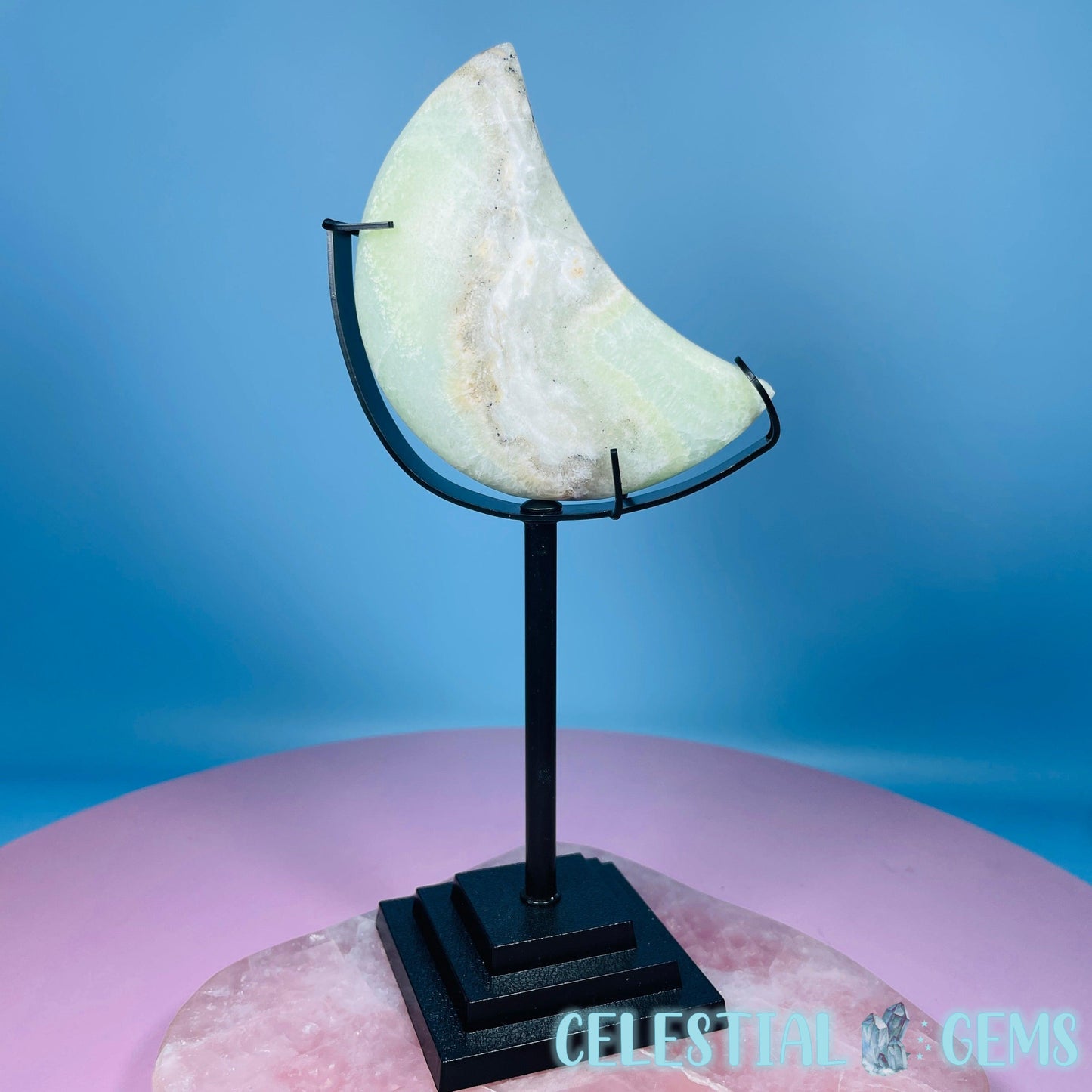 Druzy Pistachio Calcite Moon Medium Carving in Stand